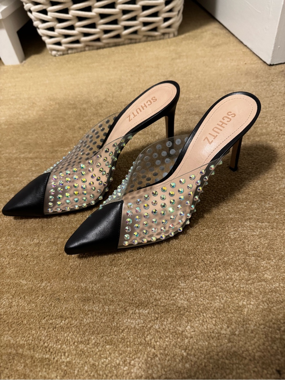 SCHUTZ Black Pointed PVC Mule Heels with Iridescent Studs